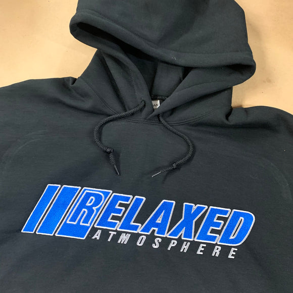 BLACK RELAXED EMBROIDERED HOODIE WITH LOGO ON FRONT BLUE FILL WHITE OUTLINE