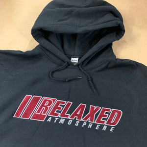 BLACK RELAXED EMBROIDERED HOODIE WITH LOGO ON FRONT MAROON FILL AND SILVER OUTLINE