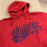 HEATHERED RED EMBROIDERED HOODIE WITH NAVY TATTOO SCRIPT LOGO