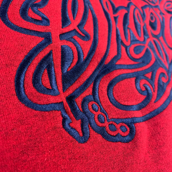 HEATHERED RED EMBROIDERED HOODIE WITH NAVY TATTOO SCRIPT LOGO