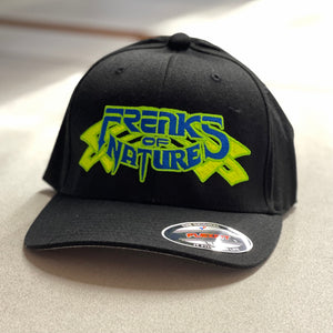 FREAKS ON NATURE FILL LOGO BLACK CURVED BILL HAT WITH BLUE TEXT with LIME outline and YELLOW TRIBALS with LIME outline