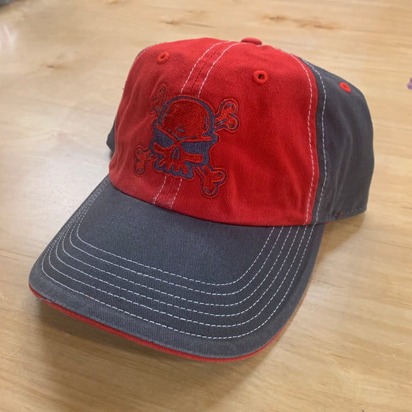 VELCRO BACK UNSTRUCTURED HAT DARK GREY/RED with SKULL AND CROSSBONES